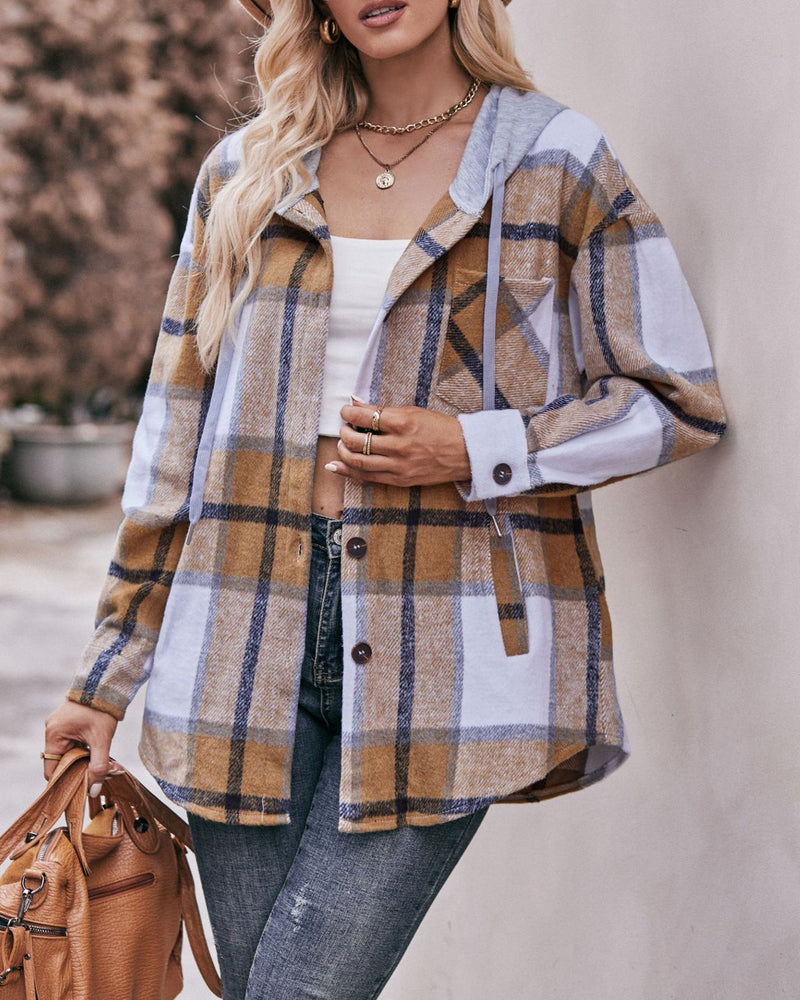 Casual Mid-length Plaid Shirt Hooded Jacket