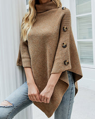 Button Detail Turtleneck Batwing Sleeve Knit Poncho