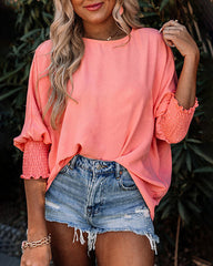 3/4 Ruched Sleeves Shirt Loose Pullover Top