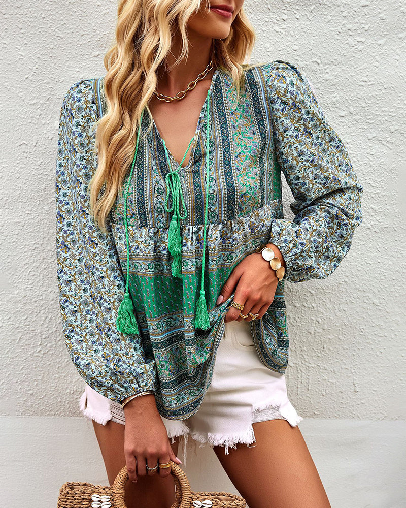 Casual Boho V Neck Top Loose Floral Print Long Sleeve Beach Shirt