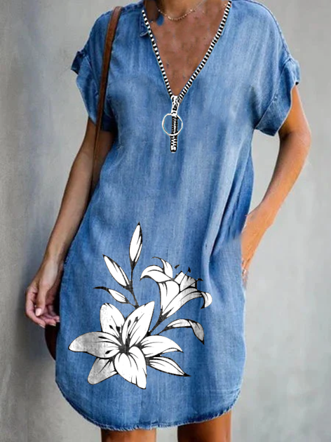 Fashion v neck zipper women Shift Short Sleeve Dresses