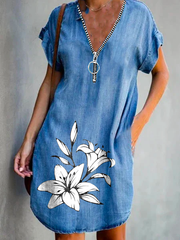 Fashion v neck zipper women Shift Short Sleeve Dresses
