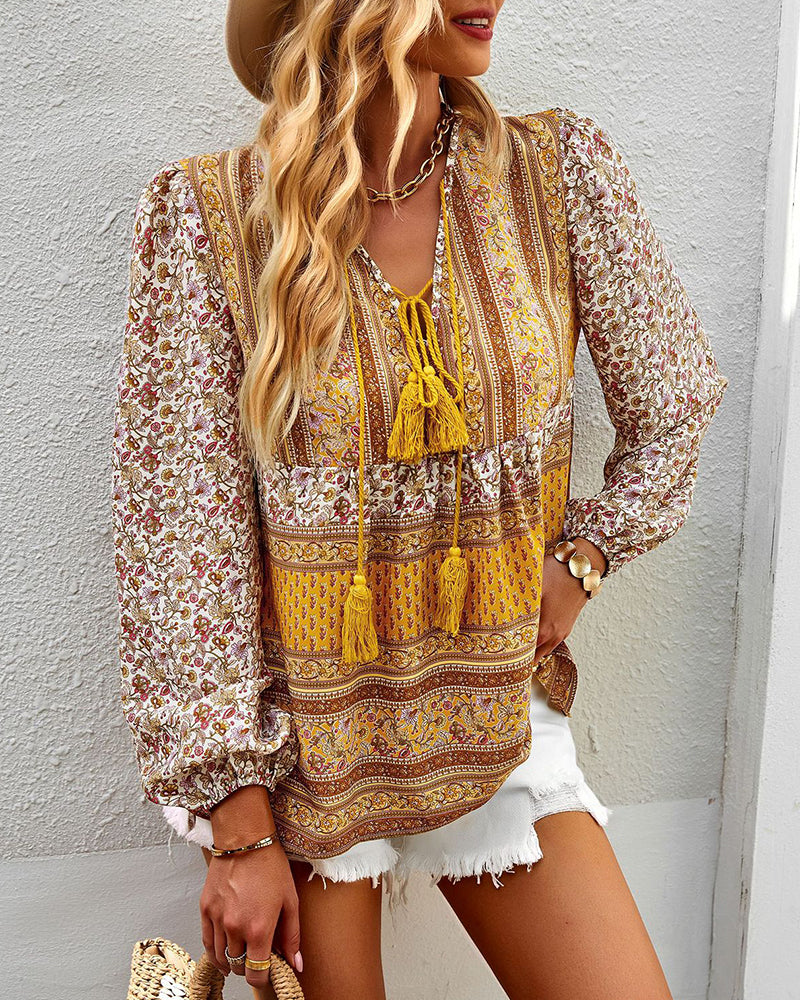 Casual Boho V Neck Top Loose Floral Print Long Sleeve Beach Shirt