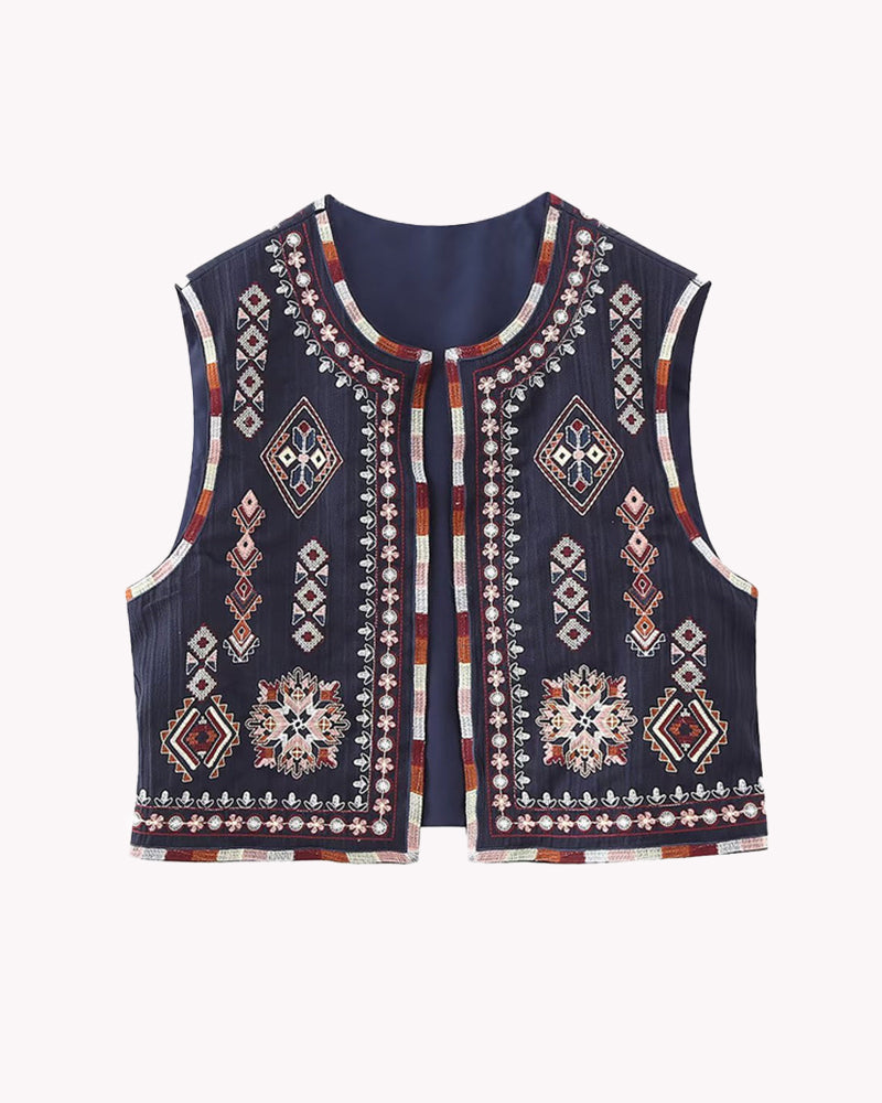 Buttonless Retro Ethnic Style Embroidered Vest Sleeveless Cardigan Crop Top