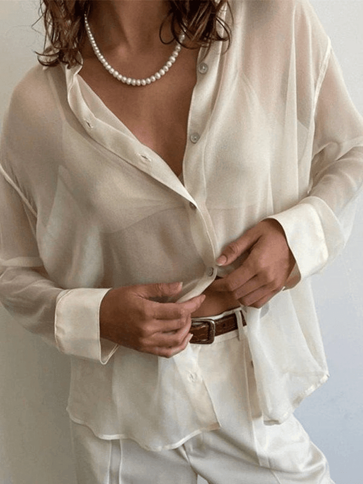 Button Front Semi Sheer Long Sleeve Blouse