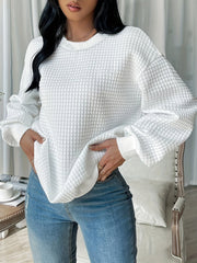 Plus Size Casual Sweatshirt, Women's Plus Solid Waffle Pattern Long Sleeve Round Neck Sweatshirt