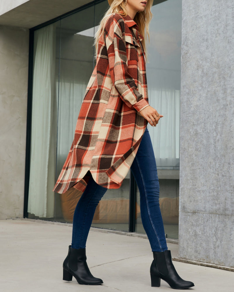 Button Down Plaid Classic Long Shirt Jacket