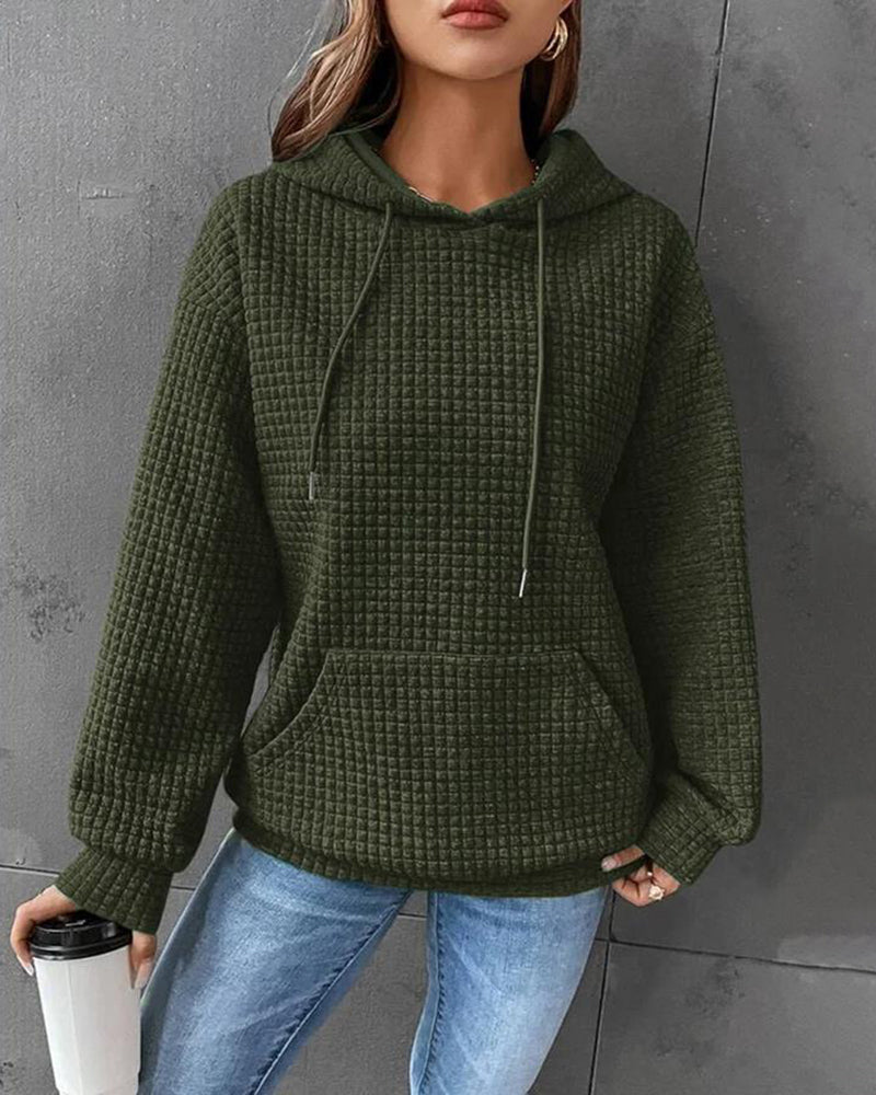 Casual Long Sleeve Waffle Hoodie Drawstring Pullover Sweatshirts Crop Top with Pockets