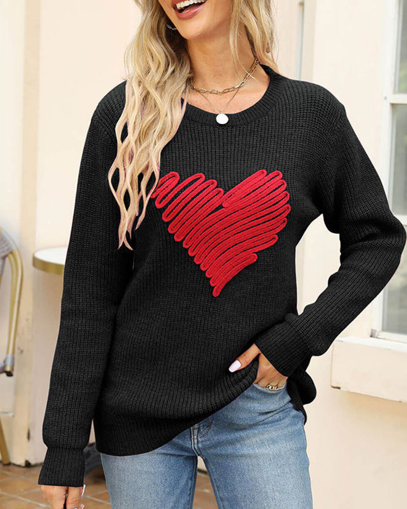 Casual Heart Round Neck Pullovers Long Sleeve Sweaters