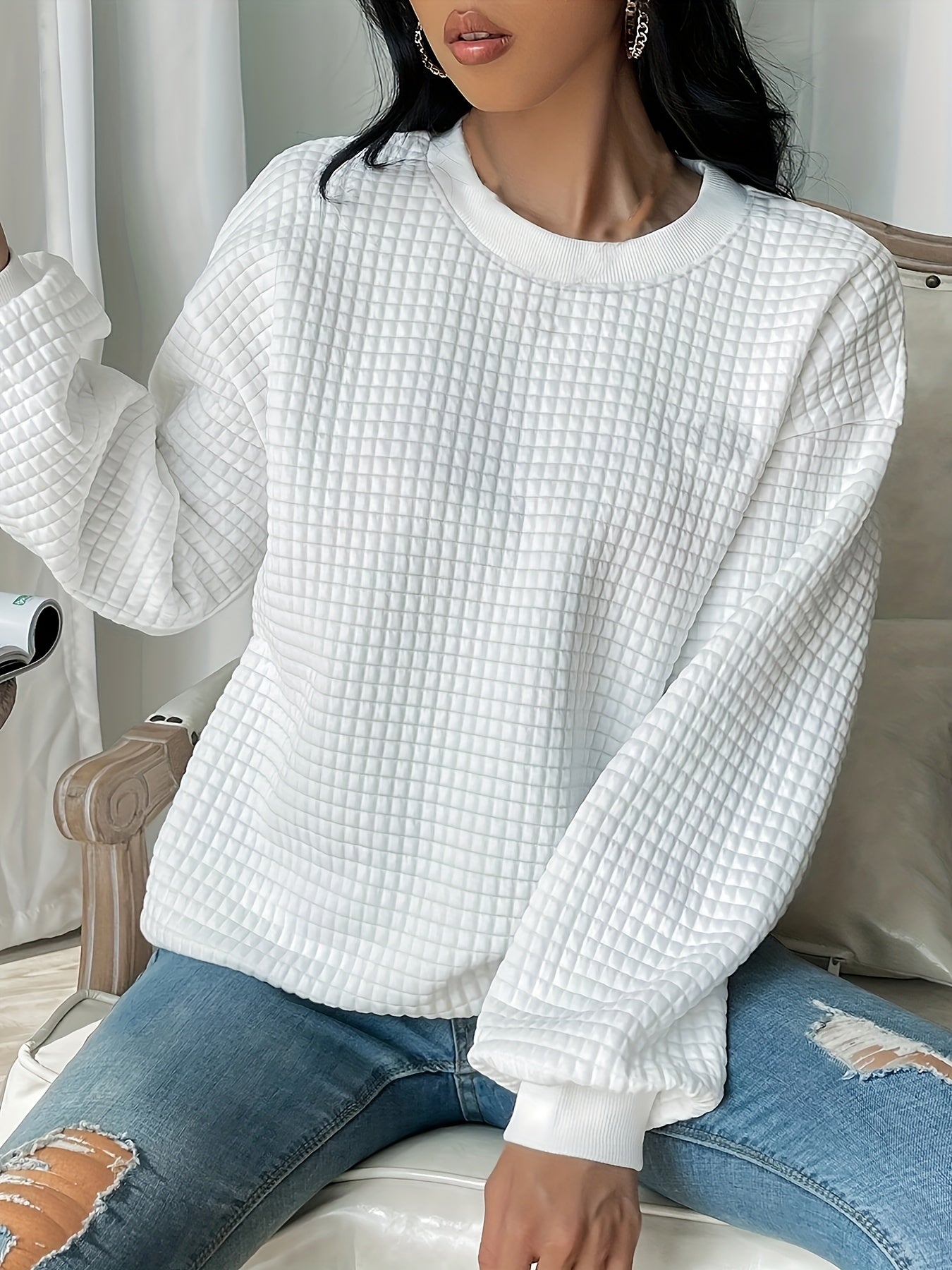 Plus Size Casual Sweatshirt, Women's Plus Solid Waffle Pattern Long Sleeve Round Neck Sweatshirt