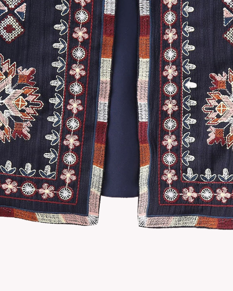 Buttonless Retro Ethnic Style Embroidered Vest Sleeveless Cardigan Crop Top