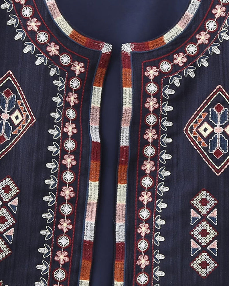 Buttonless Retro Ethnic Style Embroidered Vest Sleeveless Cardigan Crop Top