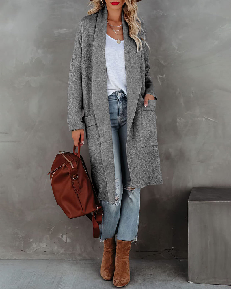 Casual Long Sleeve Draped Open Front Knit Pockets Long Cardigan Jackets Sweater