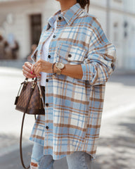 Button Down Oversized Flannel Plaid Print Shirt Jacket