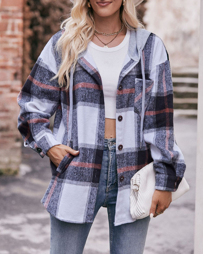 Casual Mid-length Plaid Shirt Hooded Jacket