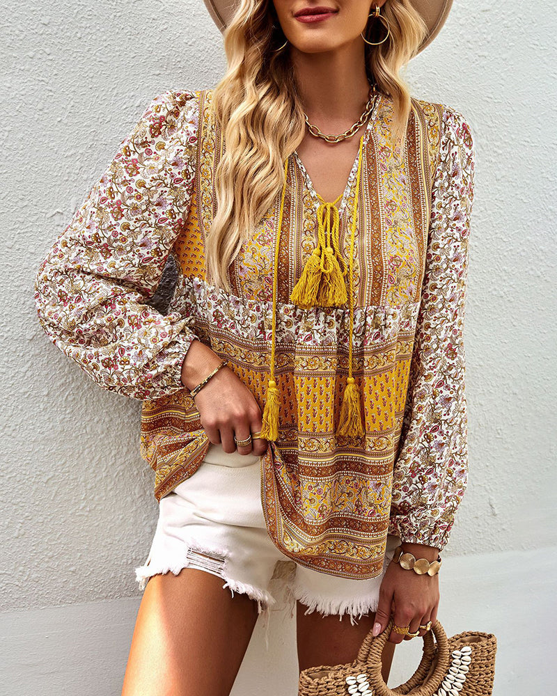 Casual Boho V Neck Top Loose Floral Print Long Sleeve Beach Shirt