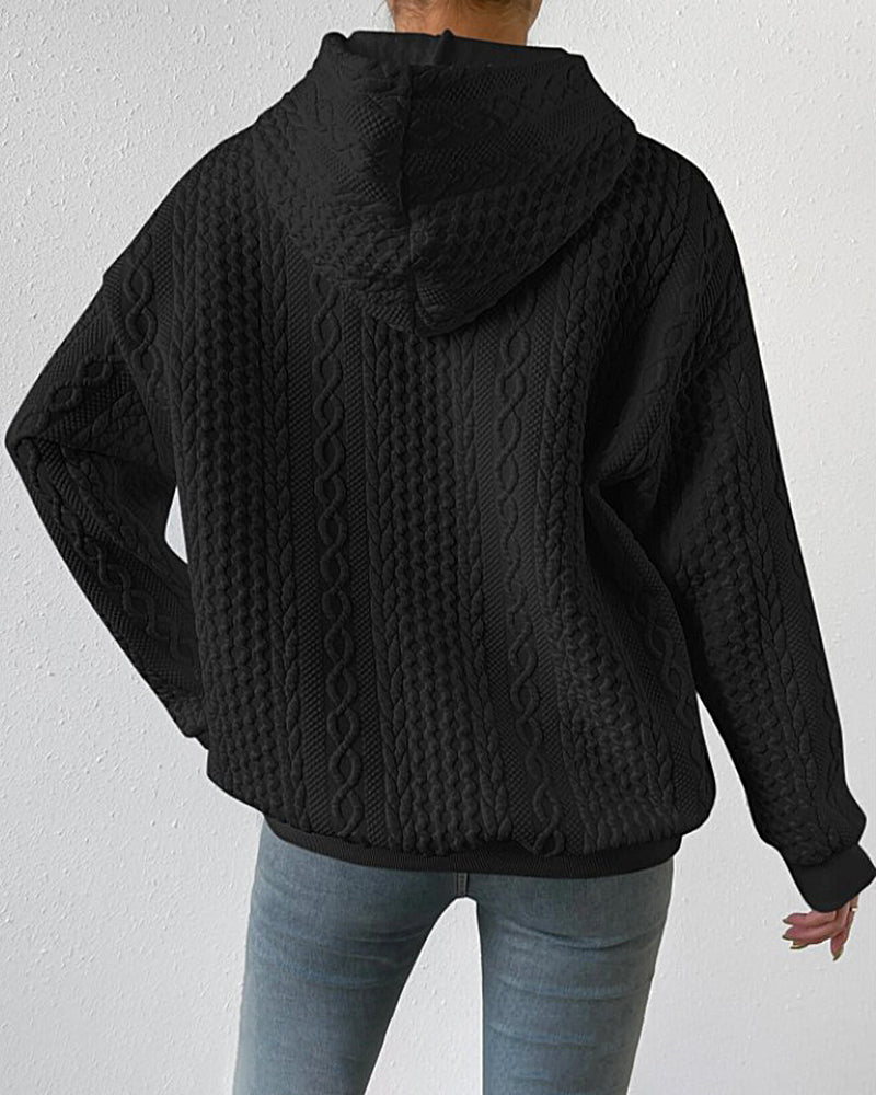 Cable Textured Drop Shoulder Drawstring Hoodie Sweatshirts