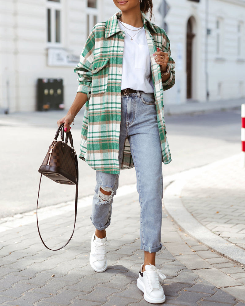 Button Down Oversized Flannel Plaid Print Shirt Jacket