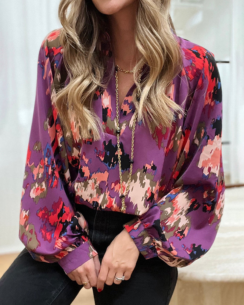 Bubble Sleeve Lapel V Neck Print Chiffon Shirt