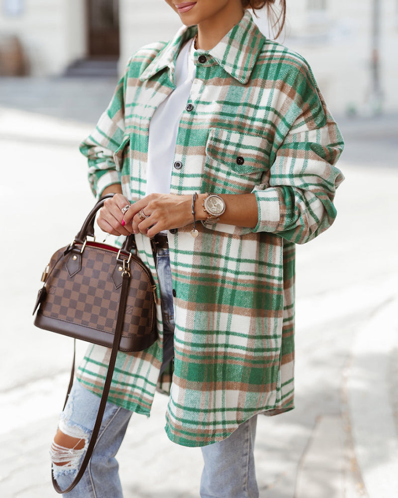 Button Down Oversized Flannel Plaid Print Shirt Jacket