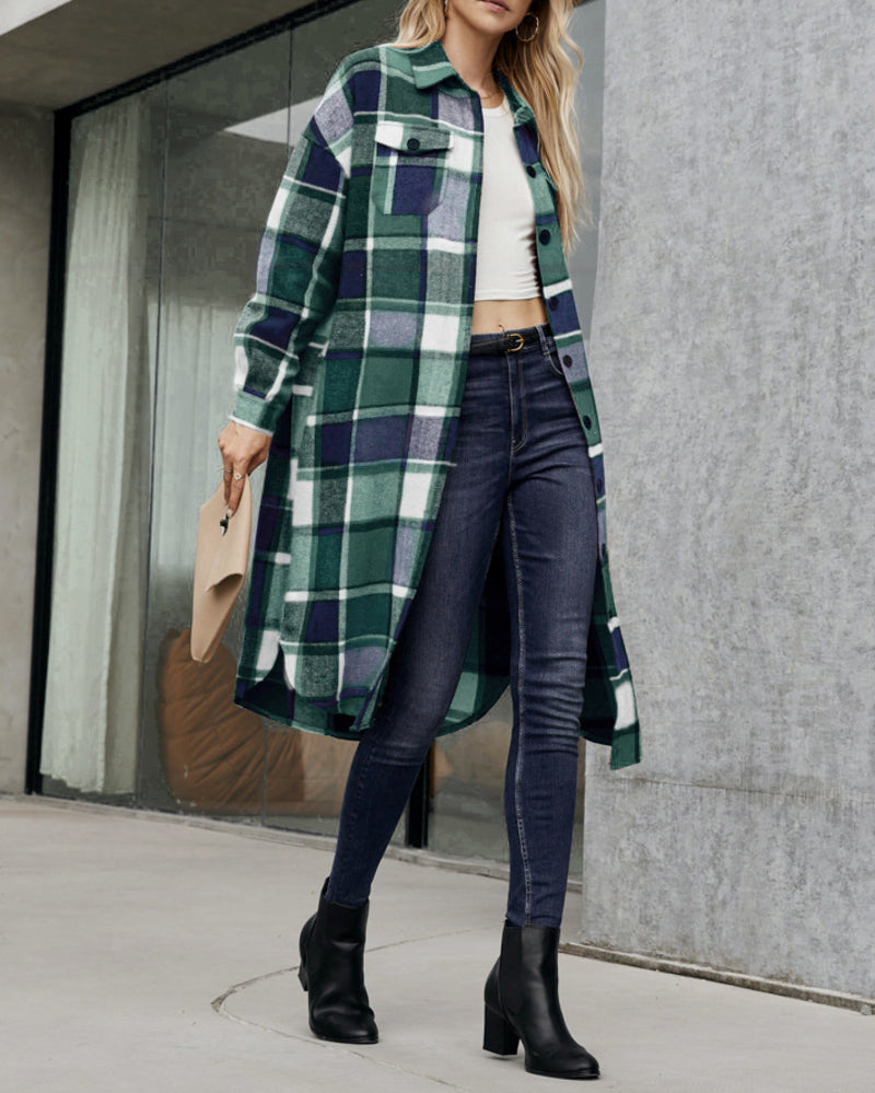 Button Down Plaid Classic Long Shirt Jacket