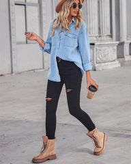 Casual Flap Long Sleeve Single Breasted Pocket Denim Jacket