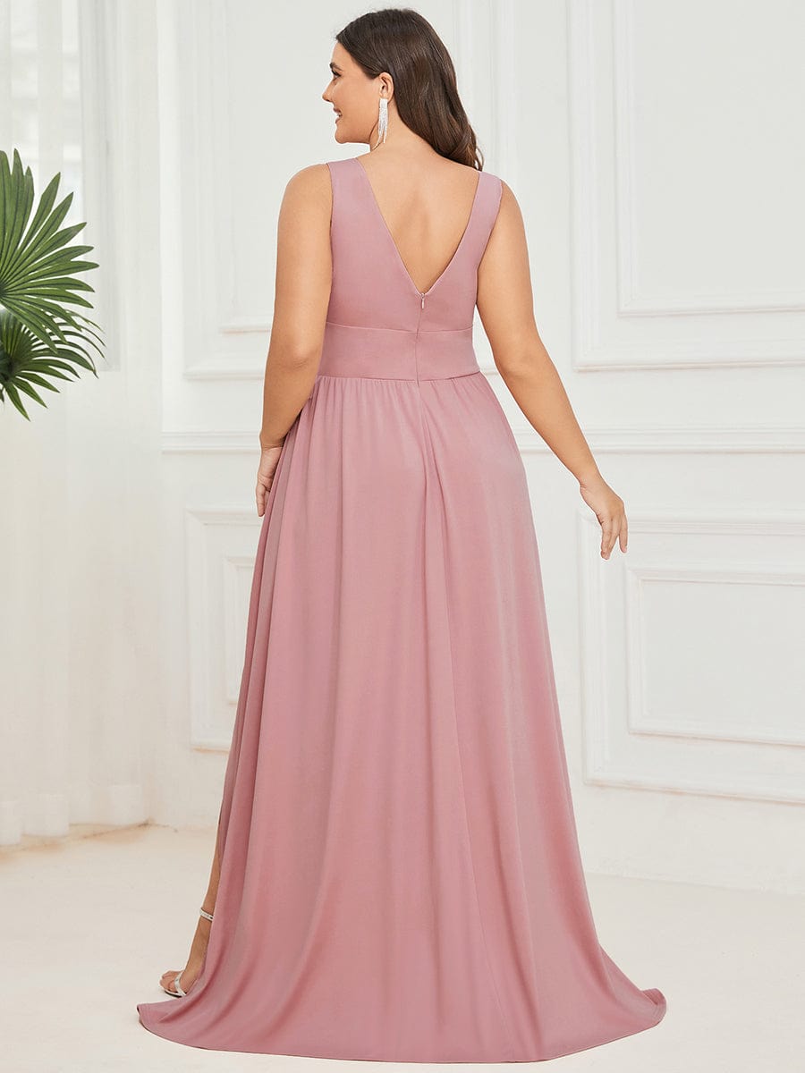 Plus Size Sleeveless V-Neck Empire Waist High Slit Floor-Length Evening Dress