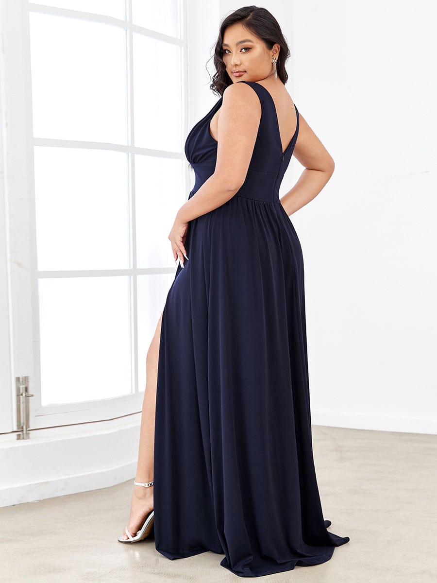 Plus Size Sleeveless V-Neck Empire Waist High Slit Floor-Length Evening Dress