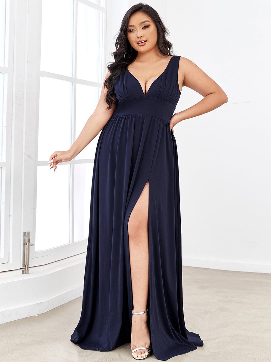 Plus Size Sleeveless V-Neck Empire Waist High Slit Floor-Length Evening Dress