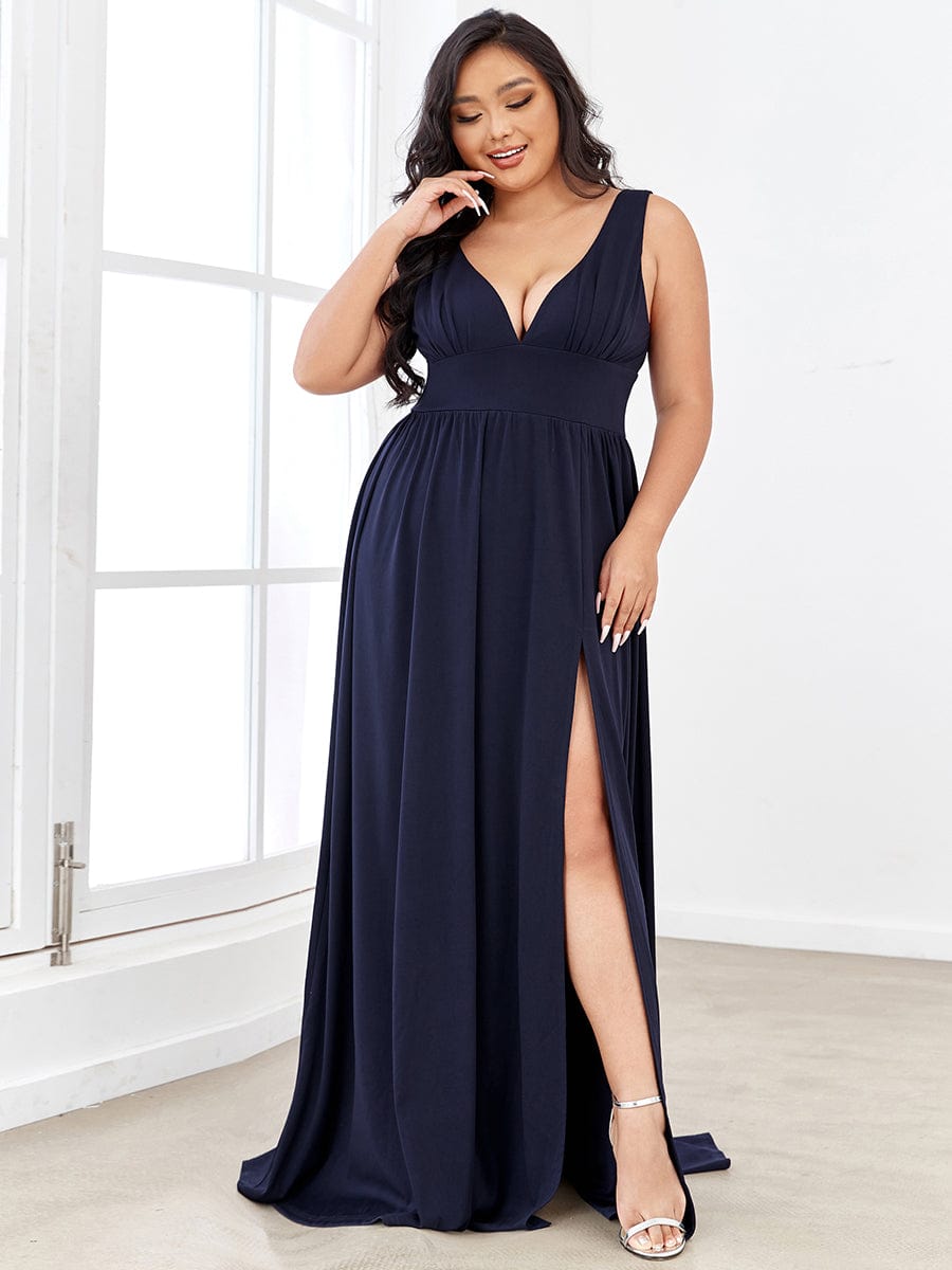 Plus Size Sleeveless V-Neck Empire Waist High Slit Floor-Length Evening Dress