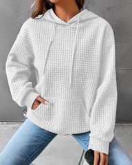 Casual Long Sleeve Waffle Hoodie Drawstring Pullover Sweatshirts Crop Top with Pockets