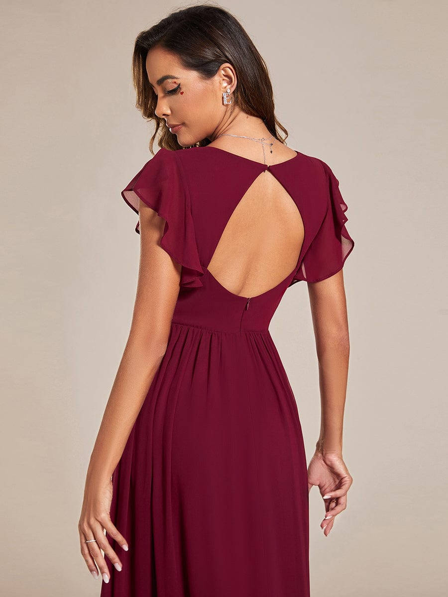 Back Cutout A-Line Pleated Ruffles Sleeve Chiffon Bridesmaid Dress