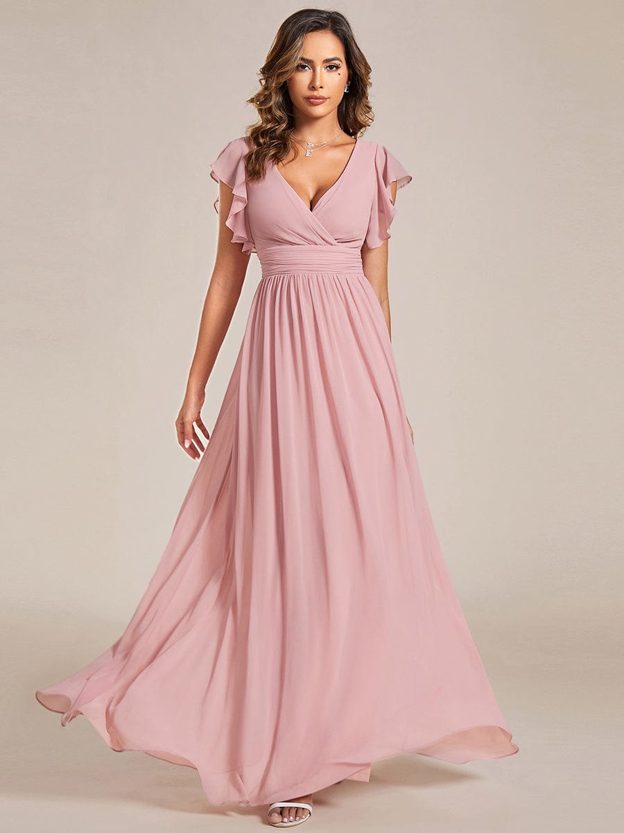 Back Cutout A-Line Pleated Ruffles Sleeve Chiffon Bridesmaid Dress