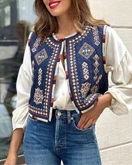 Buttonless Retro Ethnic Style Embroidered Vest Sleeveless Cardigan Crop Top