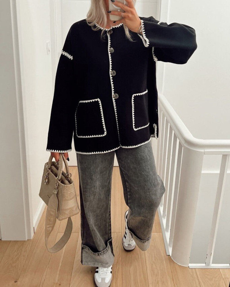 Buttoned Crew Neck Loose Color Block Knitted Jacket