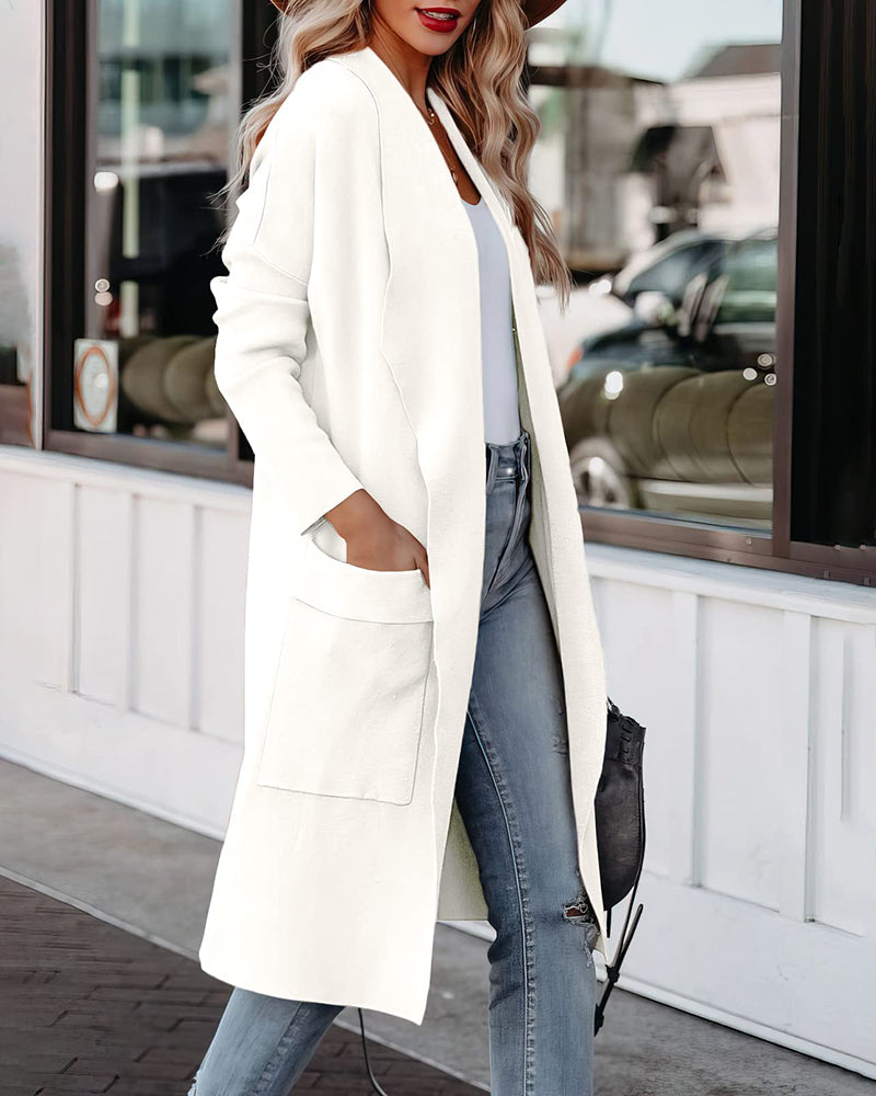 Casual Long Sleeve Draped Open Front Knit Pockets Long Cardigan Jackets Sweater