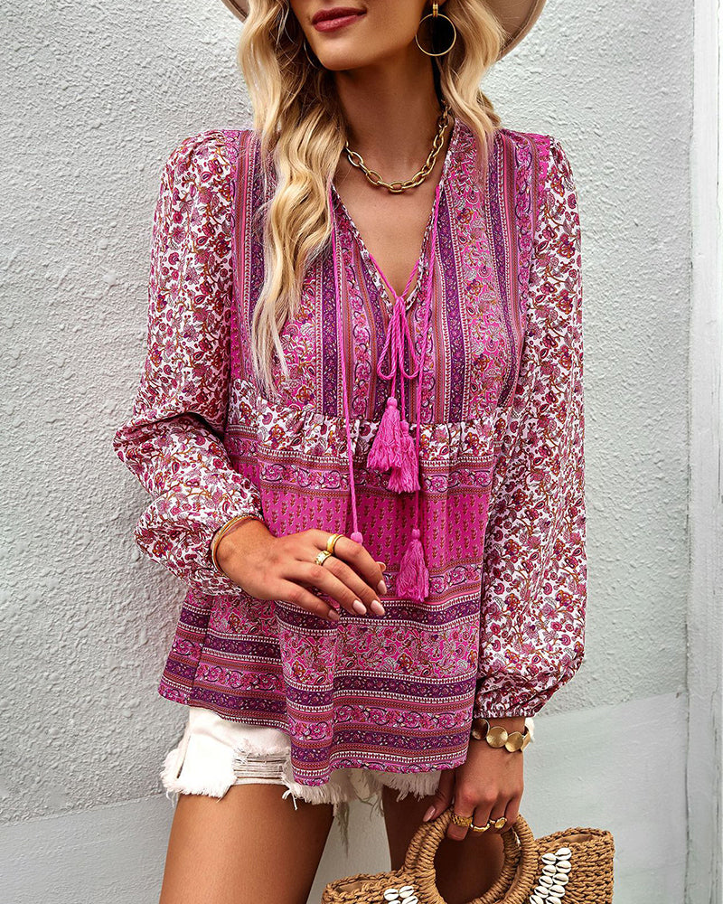 Casual Boho V Neck Top Loose Floral Print Long Sleeve Beach Shirt