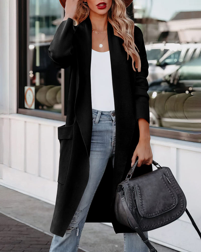 Casual Long Sleeve Draped Open Front Knit Pockets Long Cardigan Jackets Sweater