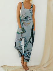 Printed Loose Sleeveless Jumpsuit - Square - Bare - Bateau