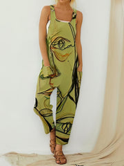 Printed Loose Sleeveless Jumpsuit - Square - Bare - Bateau