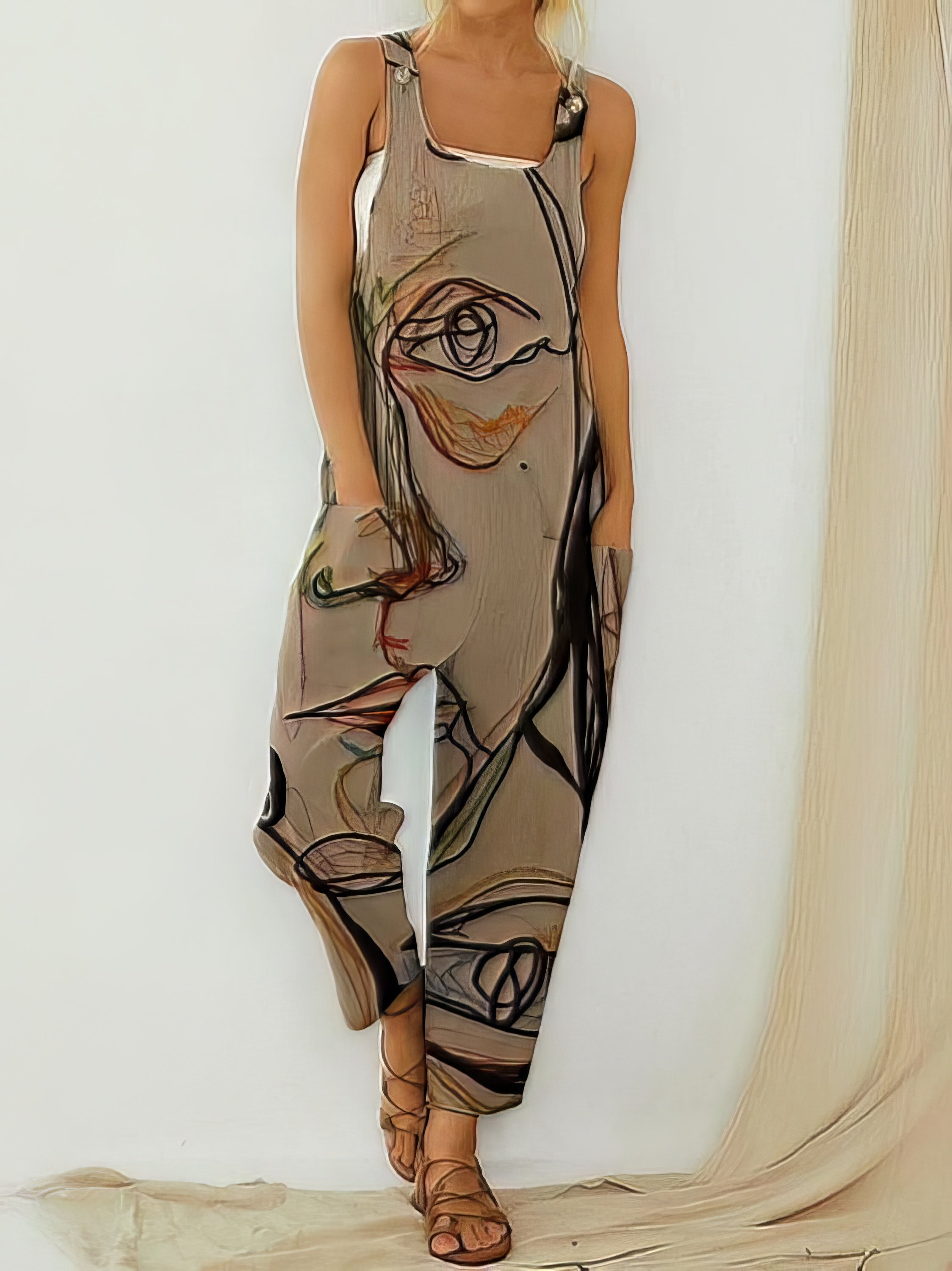 Printed Loose Sleeveless Jumpsuit - Square - Bare - Bateau