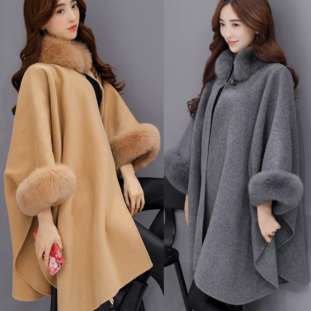 Fashion Women Jacket Casual Woollen Outwear Fur Collar Parka Cardigan Cloak Coat