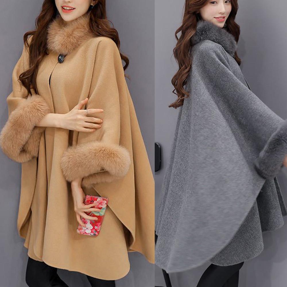 Fashion Women Jacket Casual Woollen Outwear Fur Collar Parka Cardigan Cloak Coat