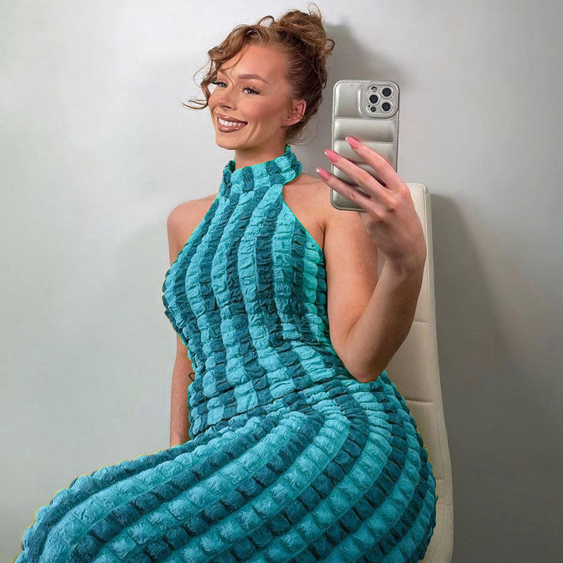 Popcorn Striped High Neck Sleeveless Bodycon Maxi Dress - Blue