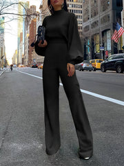 Solid High-necked Long-sleeved Casual Jumpsuit