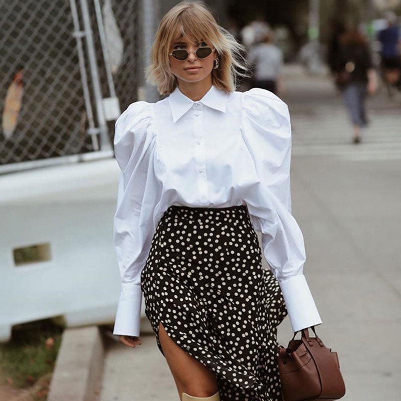 Vintage Frilled Puff Sleeve Pointed Collar Blouse - White