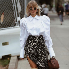 Vintage Frilled Puff Sleeve Pointed Collar Blouse - White