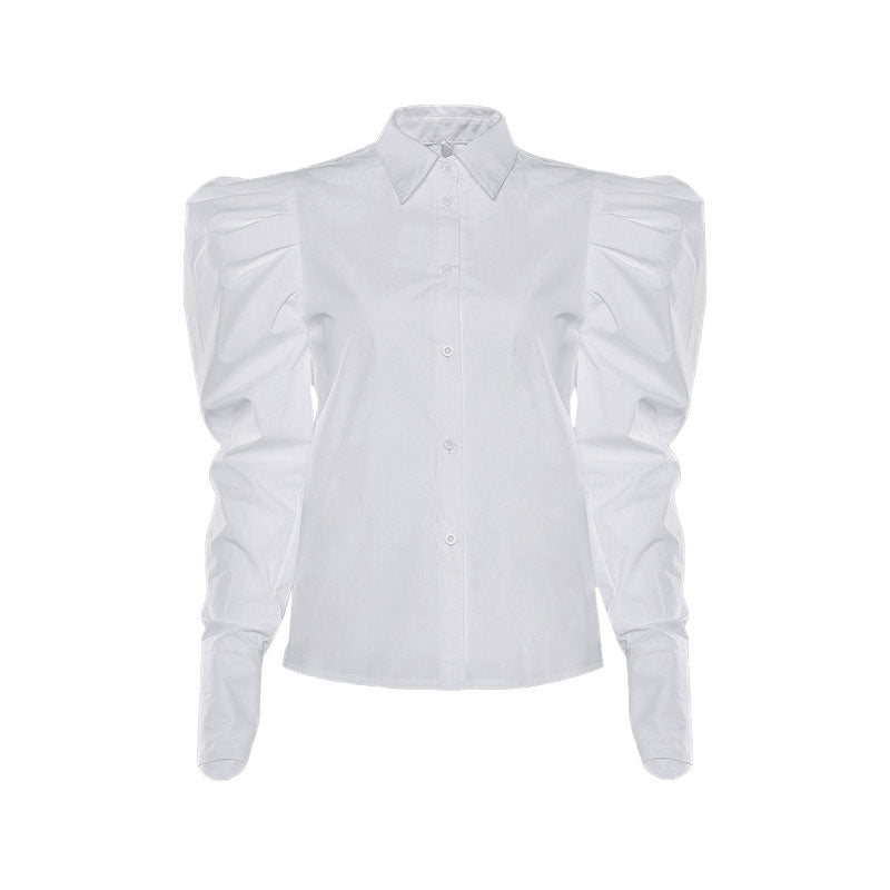 Vintage Frilled Puff Sleeve Pointed Collar Blouse - White