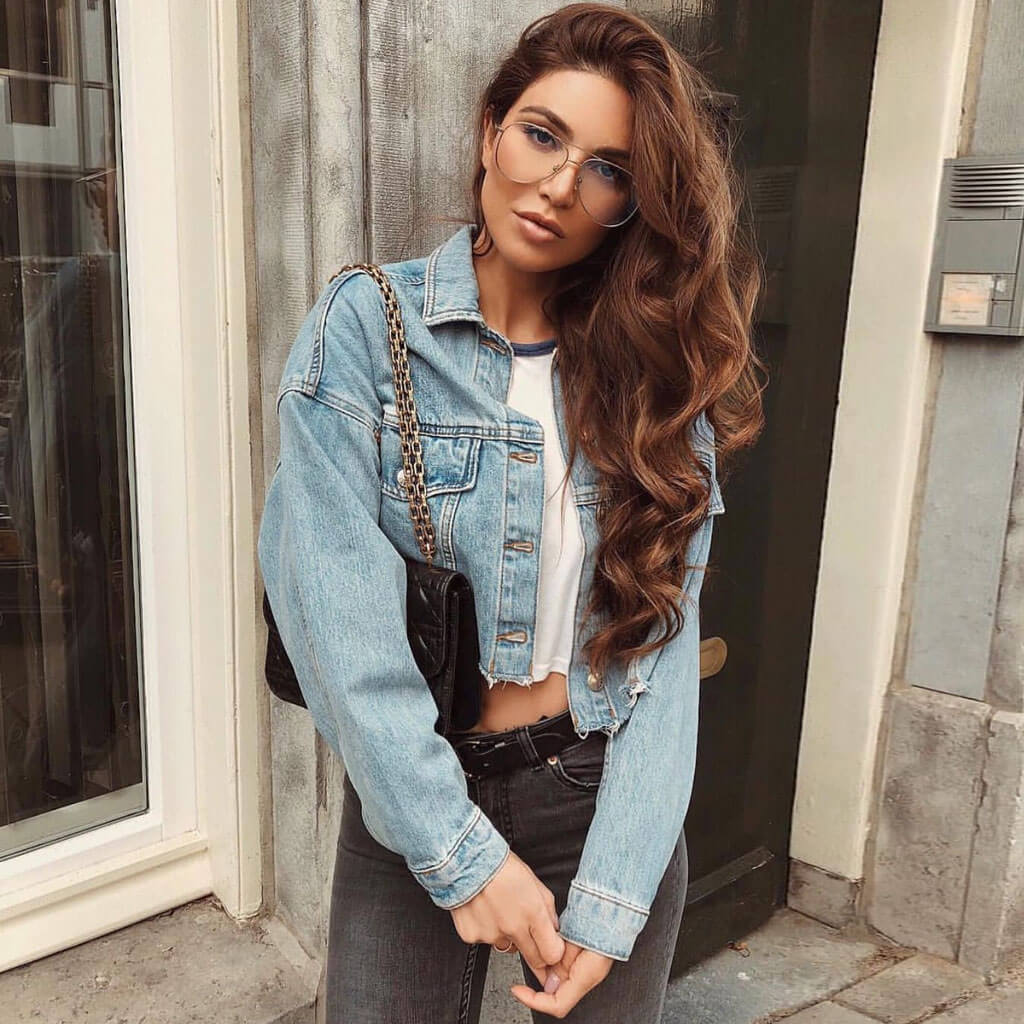 Vintage Long Sleeve Frayed Crop Denim Jacket - Blue