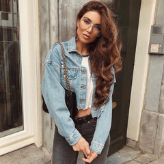 Vintage Long Sleeve Frayed Crop Denim Jacket - Blue